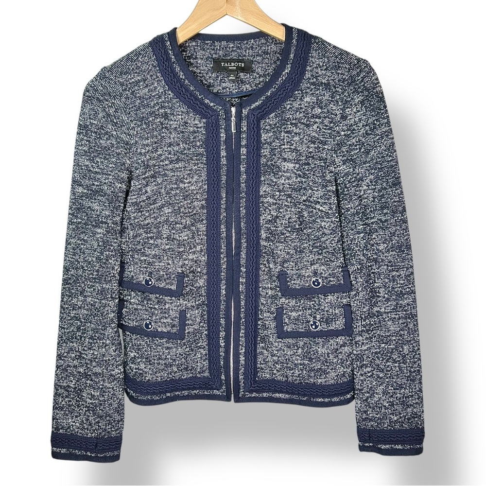4/$20 Talbots Petites Tweed Knit Jacket Navy Zip Front Braided Trim Blazer 4P - Picture 2 of 6
